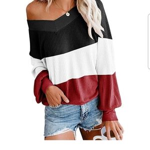 Waffleknit Pullover V Neck Striped Sweater